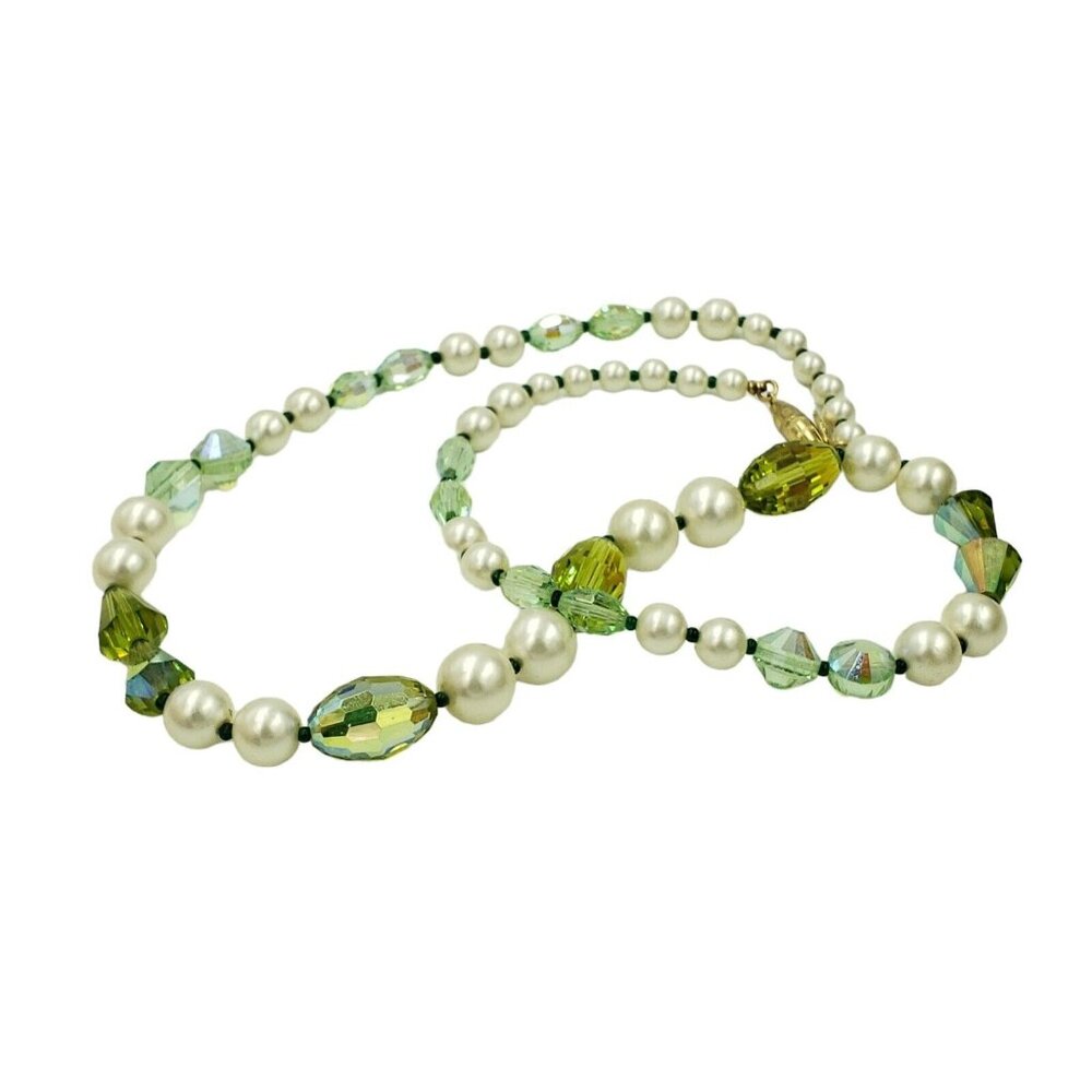 VENDOME Single Strand Necklace Faux Pearl Green Crystal